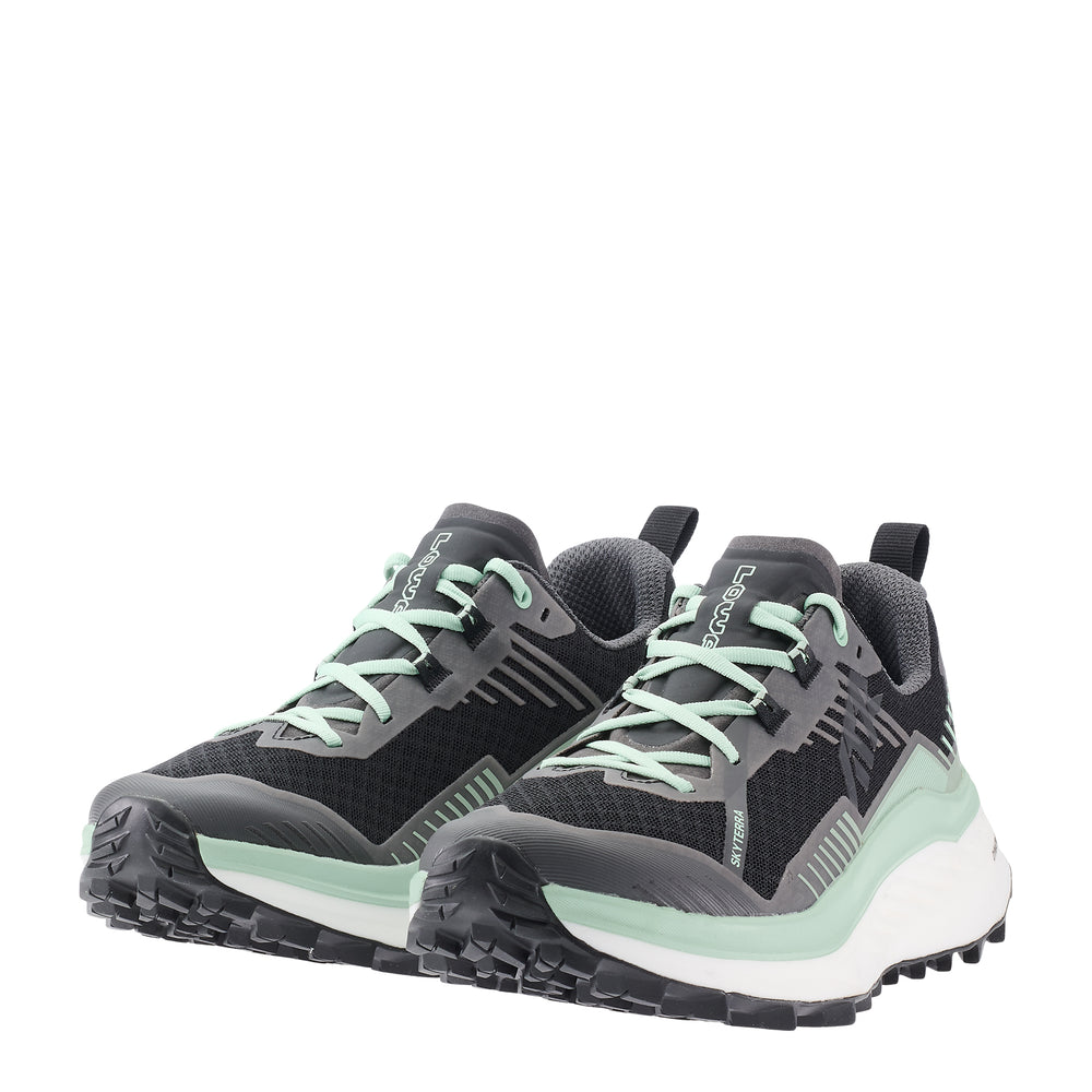 LOWA SKYTERRA WS women's trail running shoe in black/jade, angled profile
