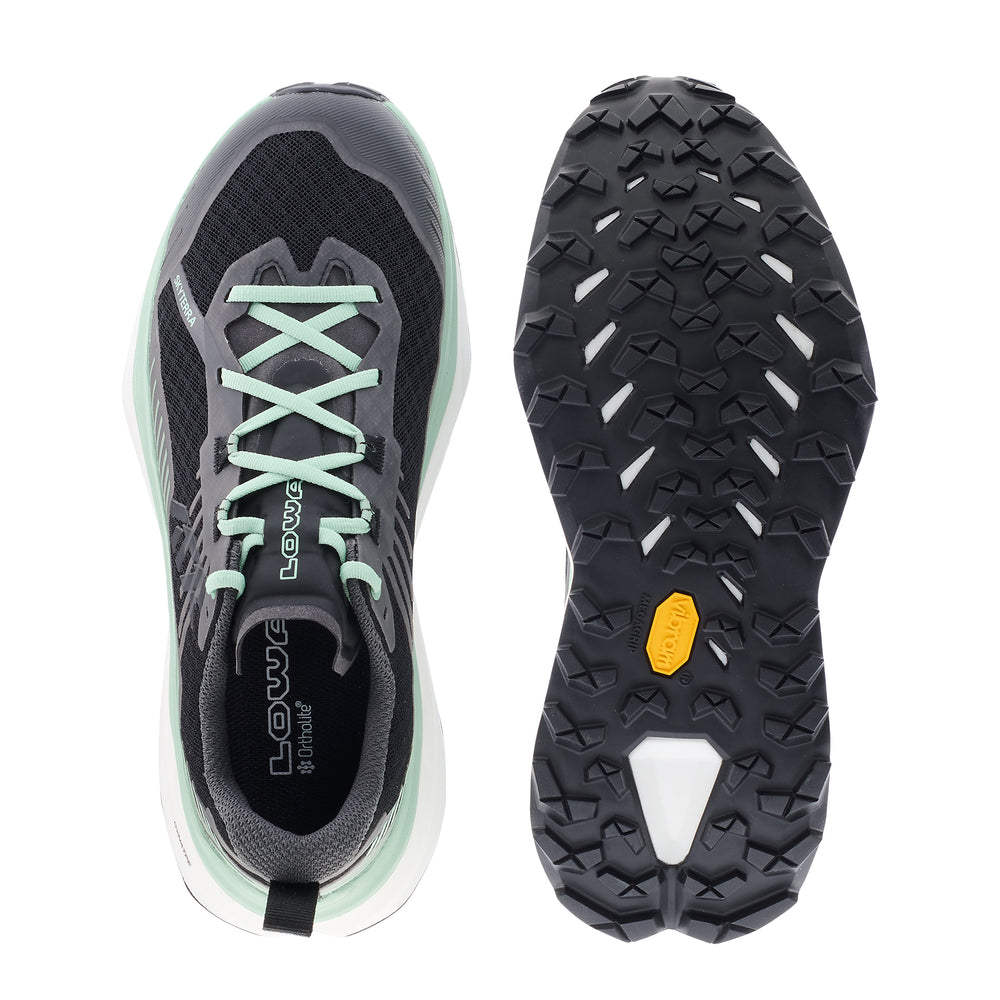 LOWA SKYTERRA WS women's trail running shoe in black/jade, top-outsole profile