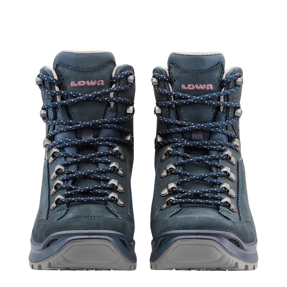 Women's LOWA RENEGADE EVO GTX MID WS hiking boot in STEEL BLUE/OLD ROSE with GORE-TEX waterproof protection for hiking and mountain use. SKU 3219169327