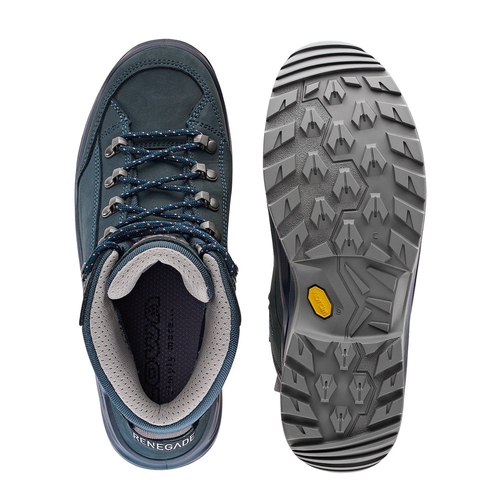 Women's LOWA RENEGADE EVO GTX MID WS hiking boot in STEEL BLUE/OLD ROSE with GORE-TEX waterproof protection for hiking and mountain use. SKU 3219169327