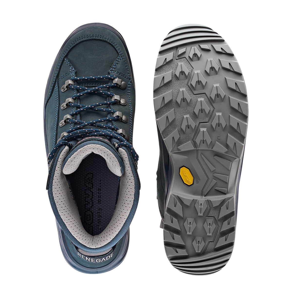 Women's LOWA RENEGADE EVO GTX MID WS hiking boot in STEEL BLUE/OLD ROSE with GORE-TEX waterproof protection for hiking and mountain use. SKU 3219169327