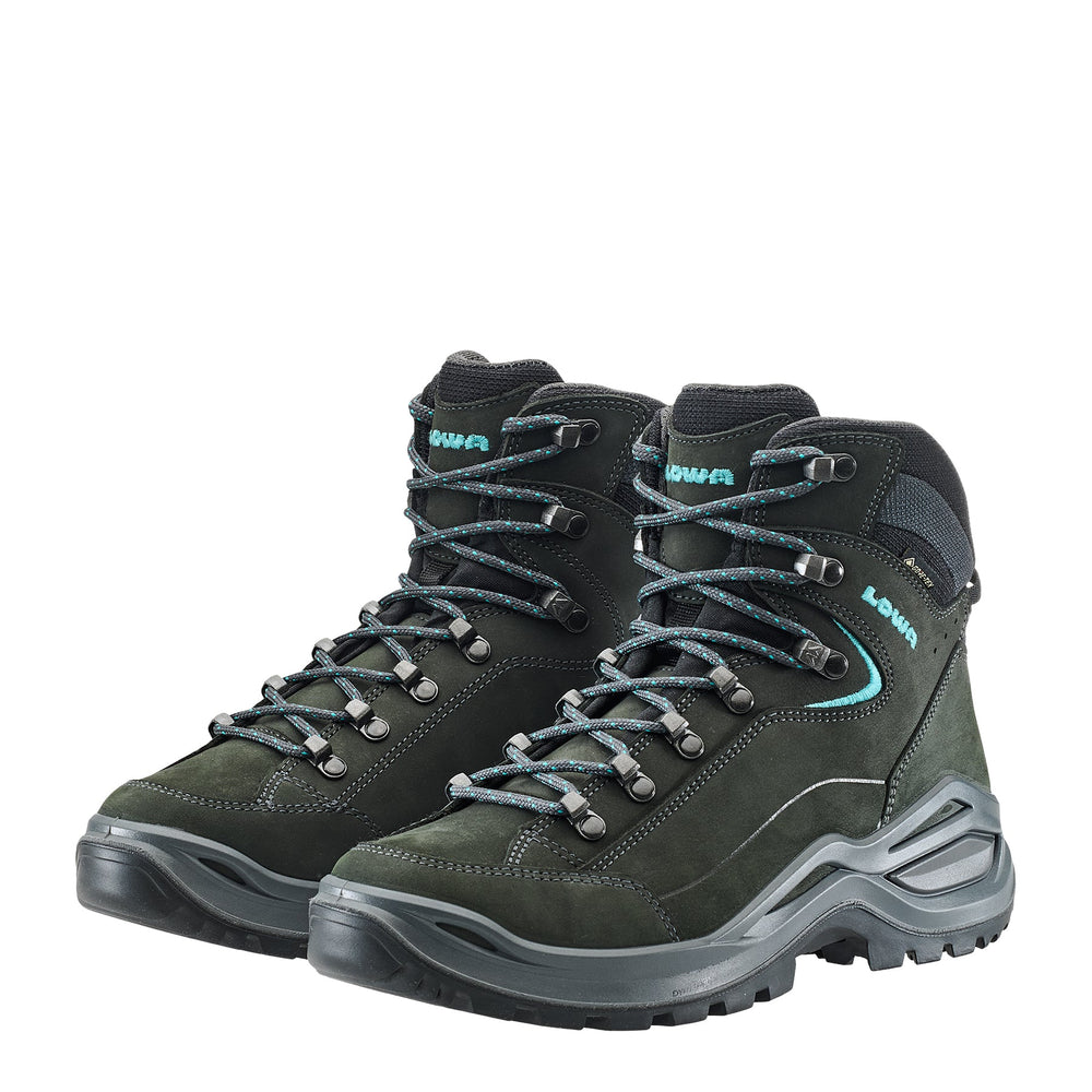 Women's LOWA RENEGADE EVO GTX MID WS hiking boot in ASPHALT/TURQUOISE with GORE-TEX waterproof protection for hiking and mountain use. SKU 3219169368, 3219179368, 3219189368