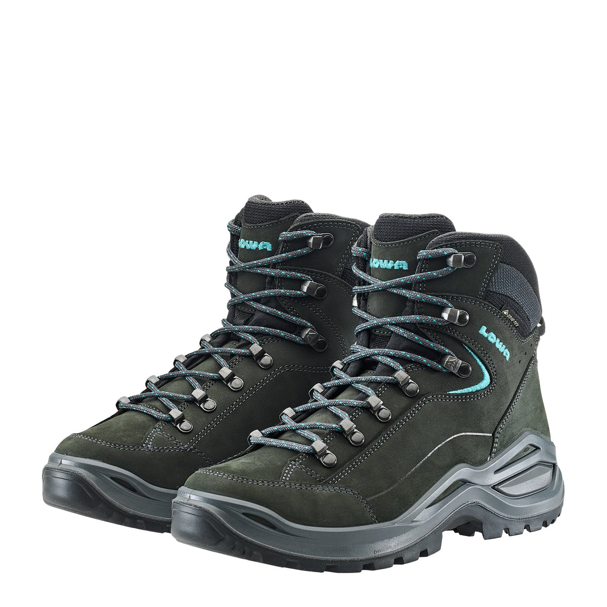 Women's LOWA RENEGADE EVO GTX MID WS hiking boot in ASPHALT/TURQUOISE with GORE-TEX waterproof protection for hiking and mountain use. SKU 3219169368, 3219179368, 3219189368