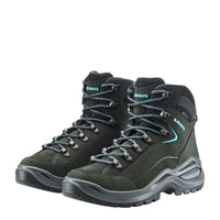Women's LOWA RENEGADE EVO GTX MID WS hiking boot in ASPHALT/TURQUOISE with GORE-TEX waterproof protection for hiking and mountain use. SKU 3219169368, 3219179368, 3219189368