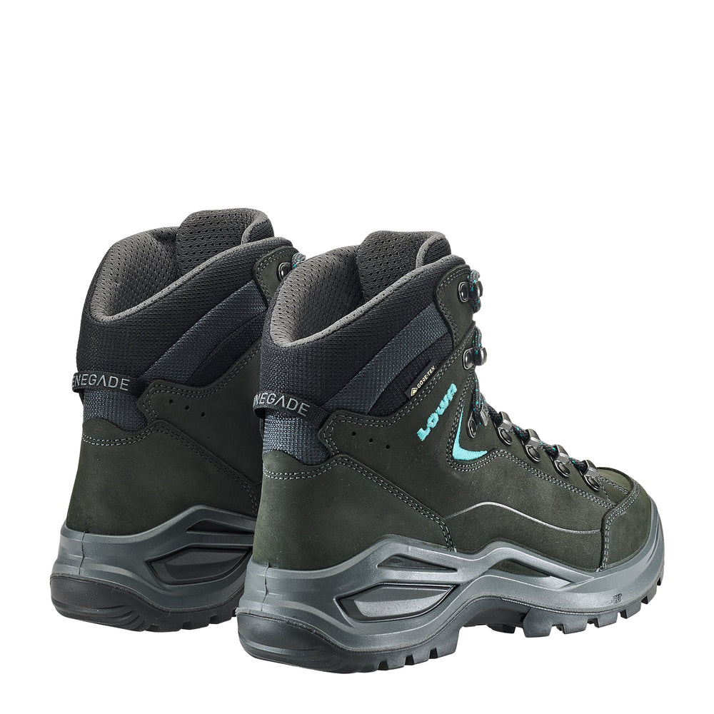 Women's LOWA RENEGADE EVO GTX MID WS hiking boot in ASPHALT/TURQUOISE with GORE-TEX waterproof protection for hiking and mountain use. SKU 3219169368, 3219179368, 3219189368
