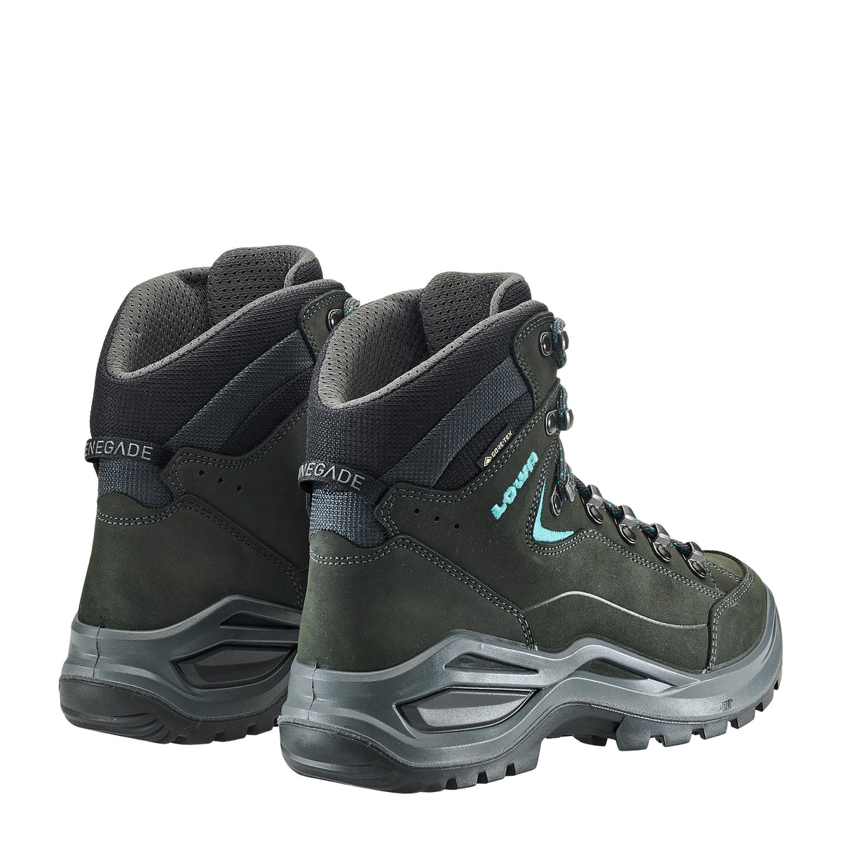 Women's LOWA RENEGADE EVO GTX MID WS hiking boot in ASPHALT/TURQUOISE with GORE-TEX waterproof protection for hiking and mountain use. SKU 3219169368, 3219179368, 3219189368
