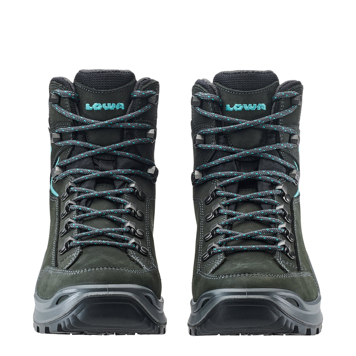 Women's LOWA RENEGADE EVO GTX MID WS hiking boot in ASPHALT/TURQUOISE with GORE-TEX waterproof protection for hiking and mountain use. SKU 3219169368, 3219179368, 3219189368
