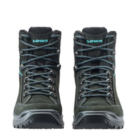 Women's LOWA RENEGADE EVO GTX MID WS hiking boot in ASPHALT/TURQUOISE with GORE-TEX waterproof protection for hiking and mountain use. SKU 3219169368, 3219179368, 3219189368