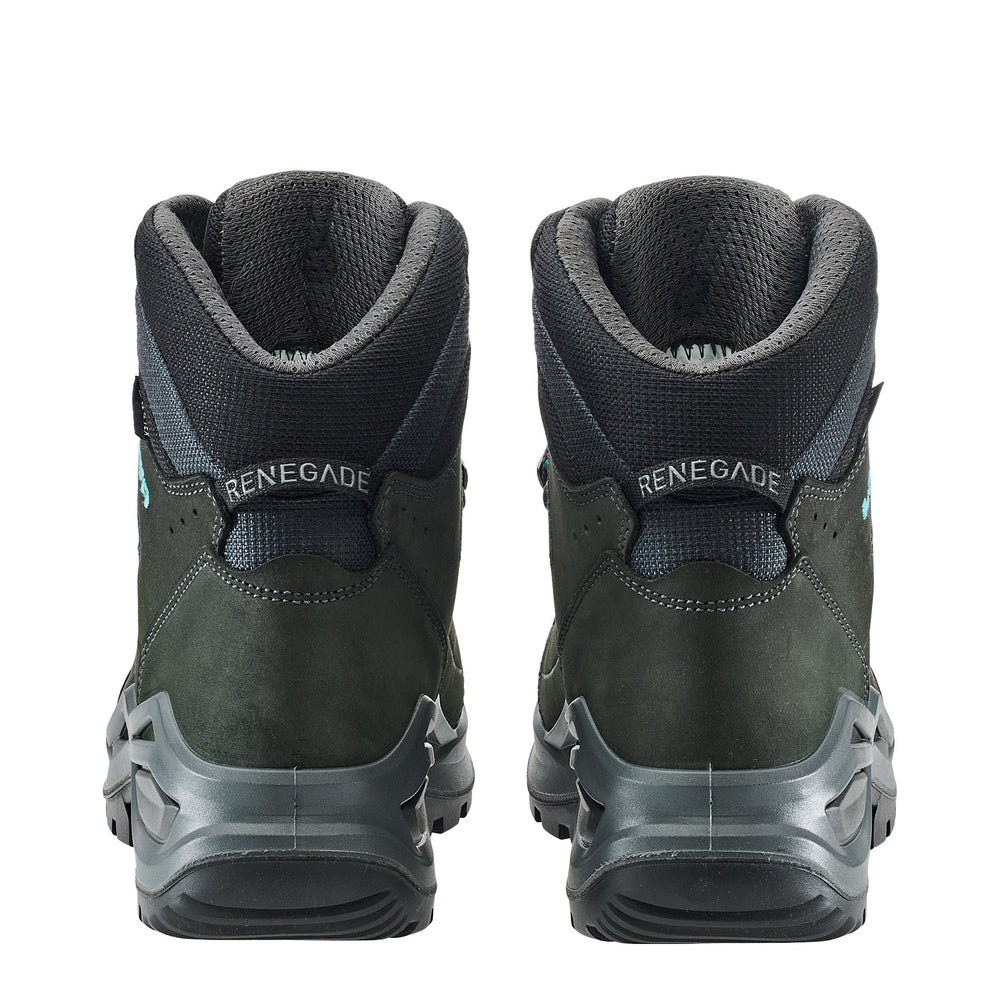 Women's LOWA RENEGADE EVO GTX MID WS hiking boot in ASPHALT/TURQUOISE with GORE-TEX waterproof protection for hiking and mountain use. SKU 3219169368, 3219179368, 3219189368