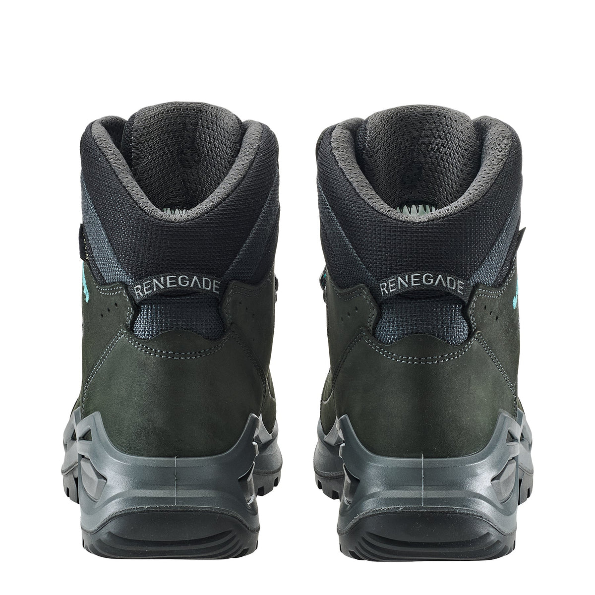 Women's LOWA RENEGADE EVO GTX MID WS hiking boot in ASPHALT/TURQUOISE with GORE-TEX waterproof protection for hiking and mountain use. SKU 3219169368, 3219179368, 3219189368