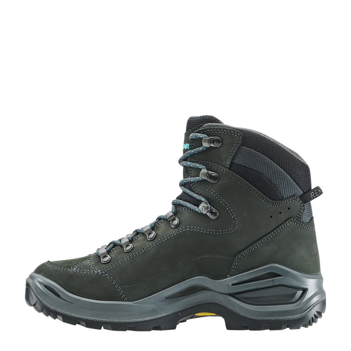Women's LOWA RENEGADE EVO GTX MID WS hiking boot in ASPHALT/TURQUOISE with GORE-TEX waterproof protection for hiking and mountain use. SKU 3219169368, 3219179368, 3219189368
