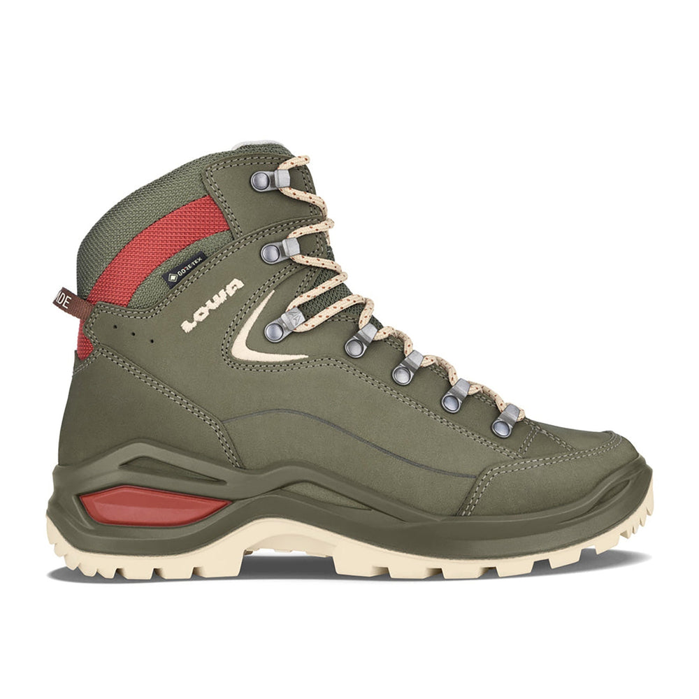 Women's LOWA RENEGADE EVO GTX MID WS hiking boot in GREY GREEN/PANNA with GORE-TEX waterproof protection for hiking and mountain use. SKU 3219169629