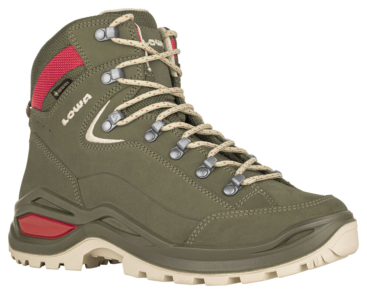 Women's LOWA RENEGADE EVO GTX MID WS hiking boot in GREY GREEN/PANNA with GORE-TEX waterproof protection for hiking and mountain use. SKU 3219169629