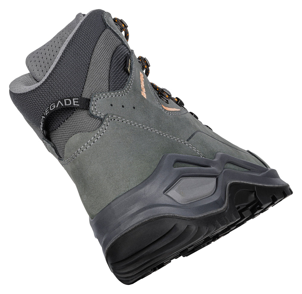 Women's LOWA RENEGADE EVO GTX MID WS hiking boot in GRAPHITE/APRICOT with GORE-TEX waterproof protection for hiking and mountain use. SKU 3219169675, 3219179675
