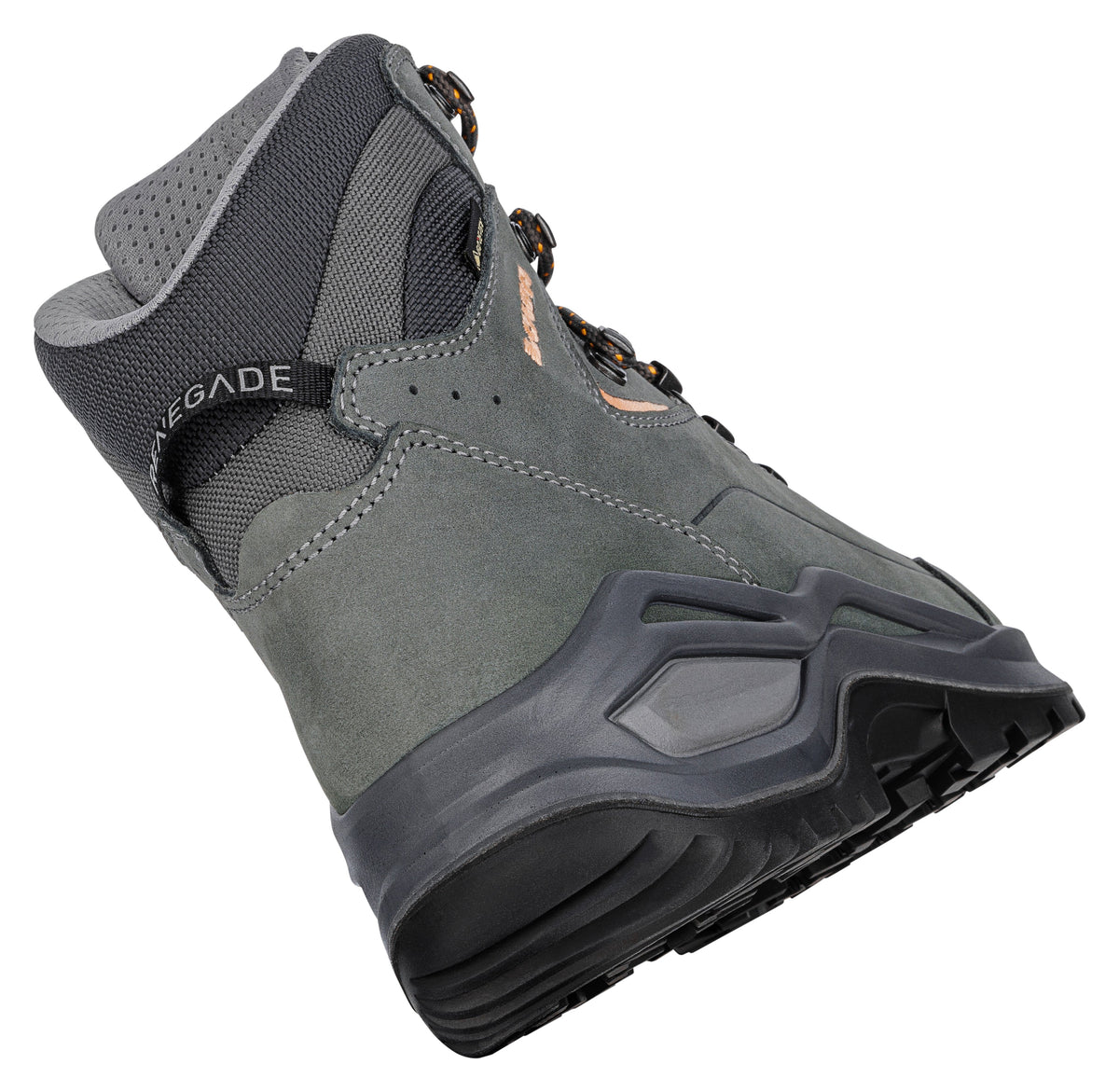 Women's LOWA RENEGADE EVO GTX MID WS hiking boot in GRAPHITE/APRICOT with GORE-TEX waterproof protection for hiking and mountain use. SKU 3219169675, 3219179675