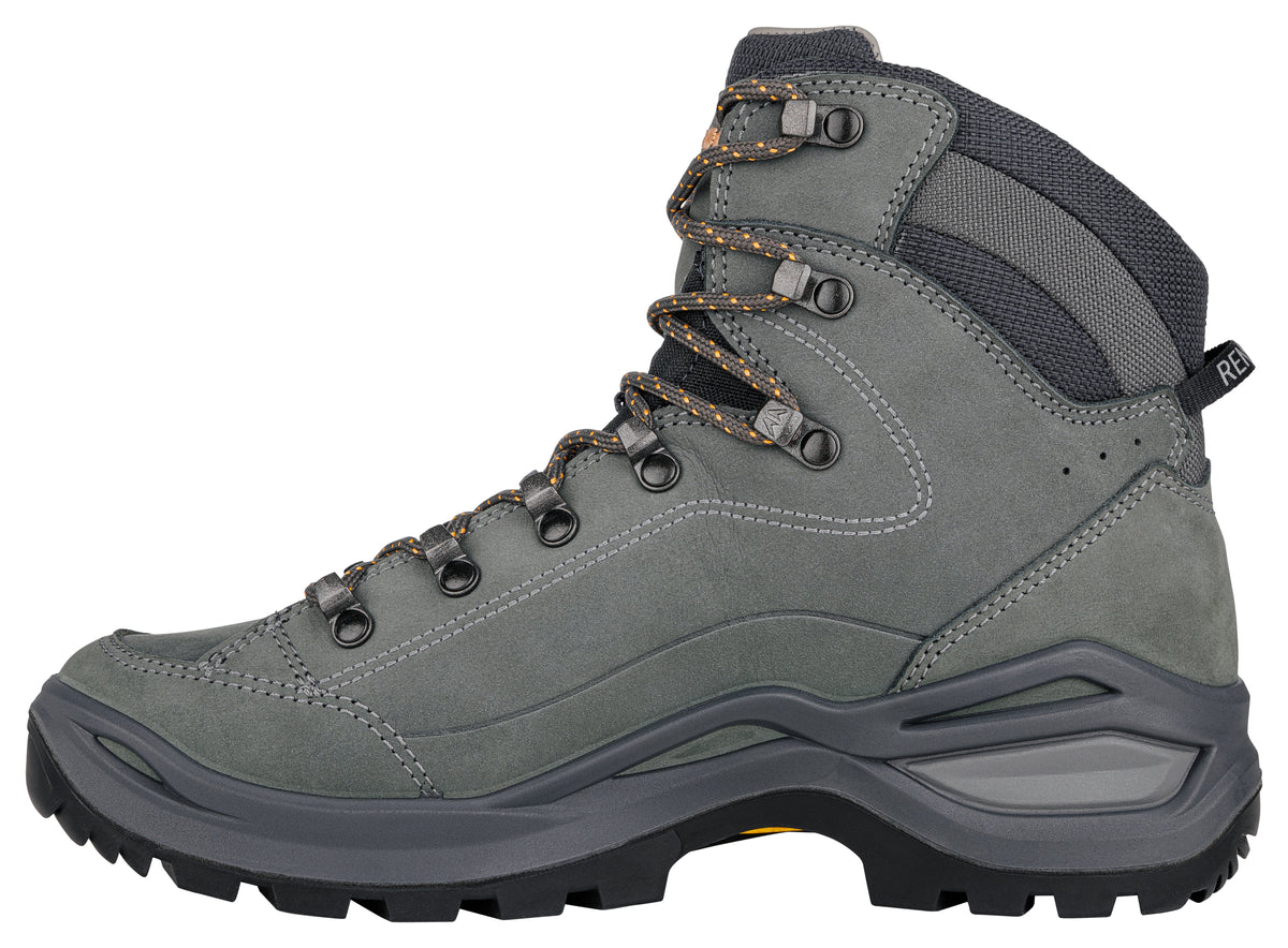 Women's LOWA RENEGADE EVO GTX MID WS hiking boot in GRAPHITE/APRICOT with GORE-TEX waterproof protection for hiking and mountain use. SKU 3219169675, 3219179675