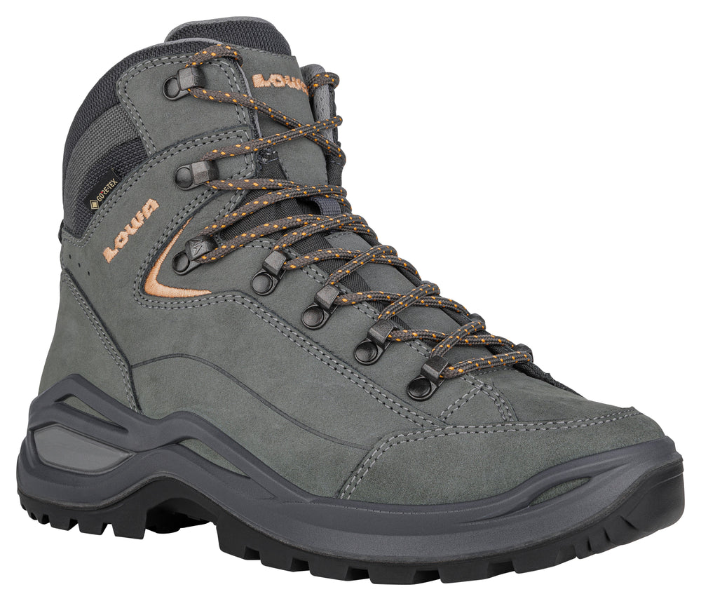Women's LOWA RENEGADE EVO GTX MID WS hiking boot in GRAPHITE/APRICOT with GORE-TEX waterproof protection for hiking and mountain use. SKU 3219169675, 3219179675