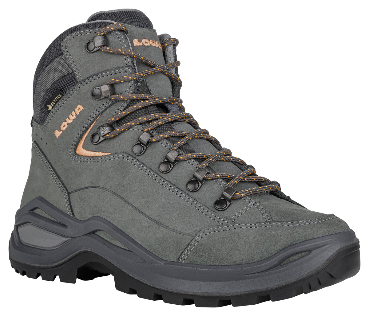 Women's LOWA RENEGADE EVO GTX MID WS hiking boot in GRAPHITE/APRICOT with GORE-TEX waterproof protection for hiking and mountain use. SKU 3219169675, 3219179675
