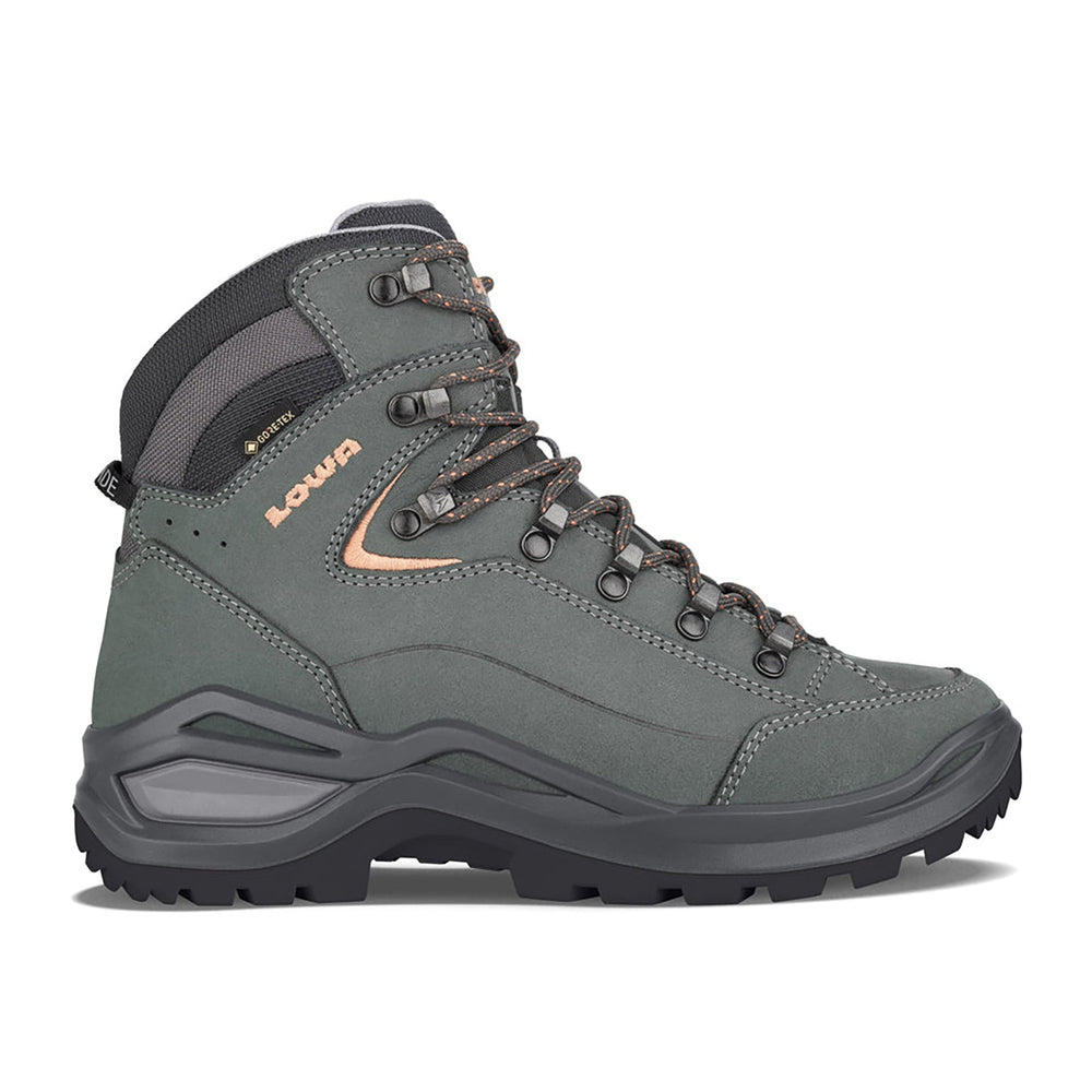 Women's LOWA RENEGADE EVO GTX MID WS hiking boot in GRAPHITE/APRICOT with GORE-TEX waterproof protection for hiking and mountain use. SKU 3219169675, 3219179675