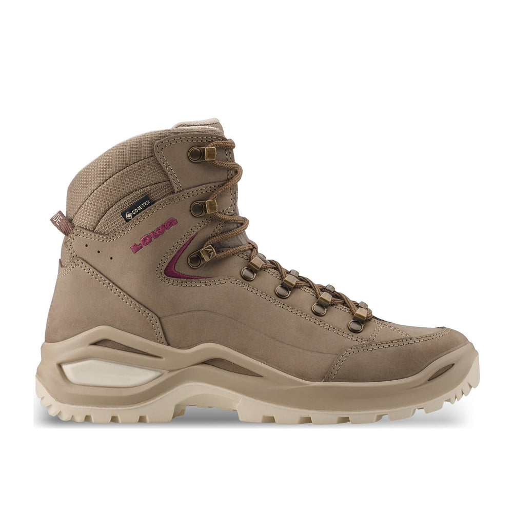 Women's LOWA RENEGADE EVO GTX MID WS hiking boot in SAND/BURGUNDY with GORE-TEX waterproof protection for hiking and mountain use. SKU 3219164347