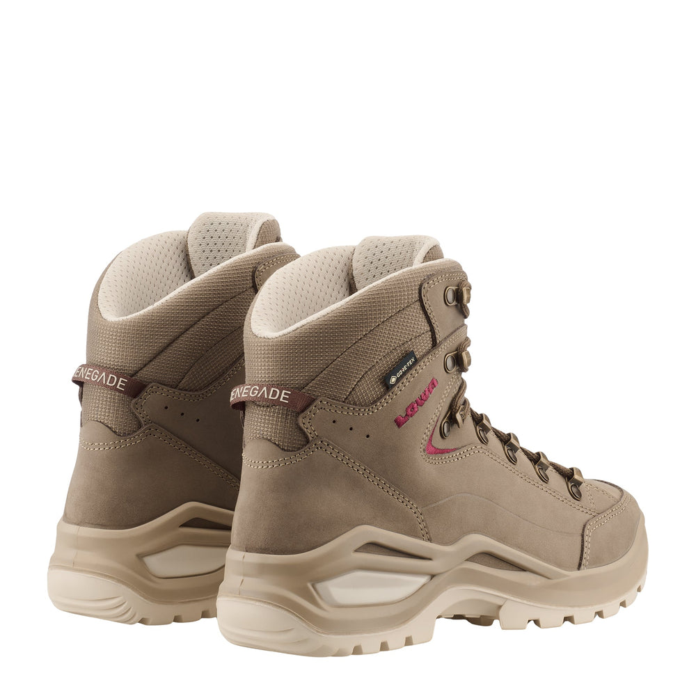 Women's LOWA RENEGADE EVO GTX MID WS hiking boot in SAND/BURGUNDY with GORE-TEX waterproof protection for hiking and mountain use. SKU 3219164347
