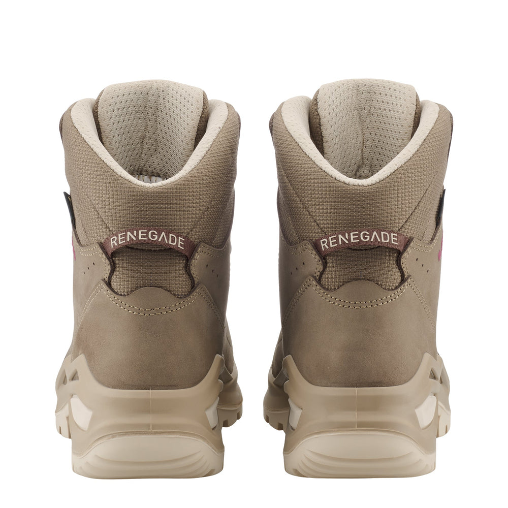 Women's LOWA RENEGADE EVO GTX MID WS hiking boot in SAND/BURGUNDY with GORE-TEX waterproof protection for hiking and mountain use. SKU 3219164347