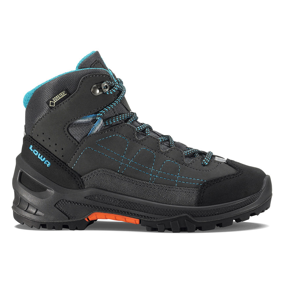 Kids' LOWA APPROACH GTX MID JUNIOR hiking boot in ANTHRACITE/TURQUOISE with GORE-TEX waterproof protection for hiking. SKU 3401229796