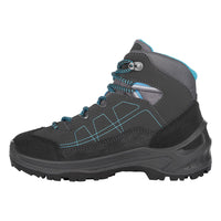 Kids' LOWA APPROACH GTX MID JUNIOR hiking boot in ANTHRACITE/TURQUOISE with GORE-TEX waterproof protection for hiking. SKU 3401229796