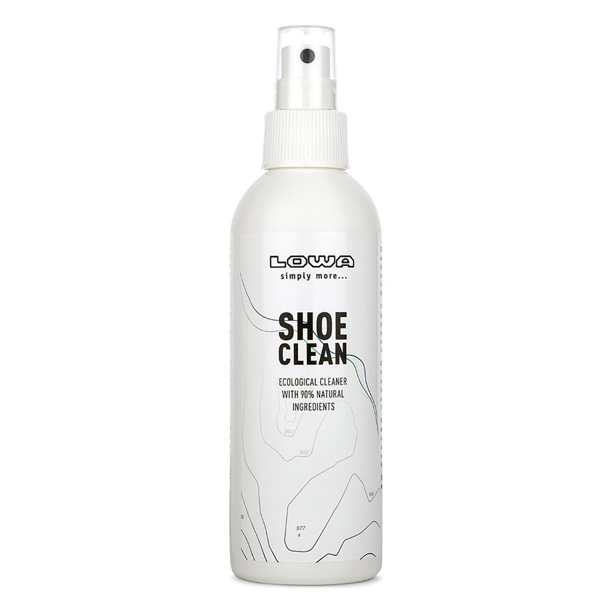LOWA SHOE CLEAN spray bottle of ecological leather cleaner with natural ingredients and bamboo extract, in a white bottle with LOWA branding, for cleaning and caring for footwear.