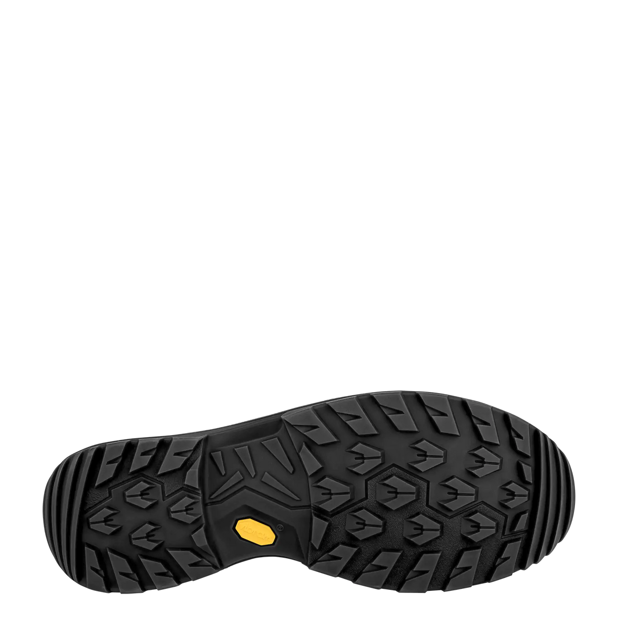 Close-up of a black shoe sole with a yellow dot on a white background