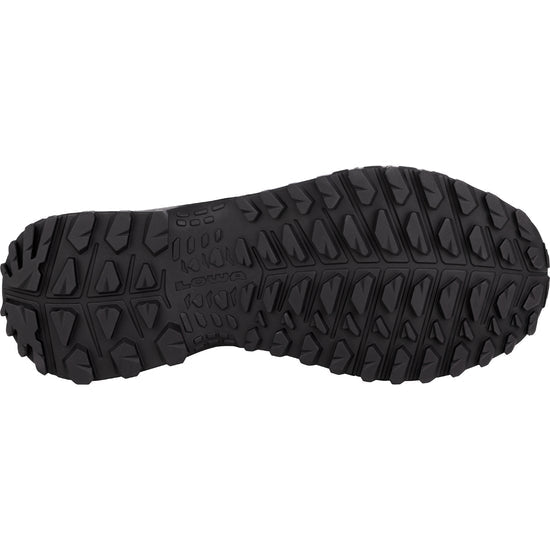 Close-up of a black shoe sole with tread pattern on a white background