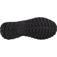 Close-up of a black shoe sole with tread pattern on a white background
