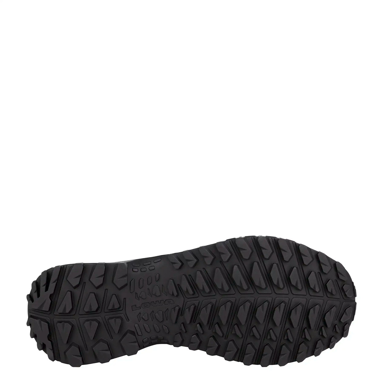 Close-up of a black shoe sole with tread pattern on a white background