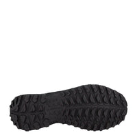 Close-up of a black shoe sole with tread pattern on a white background