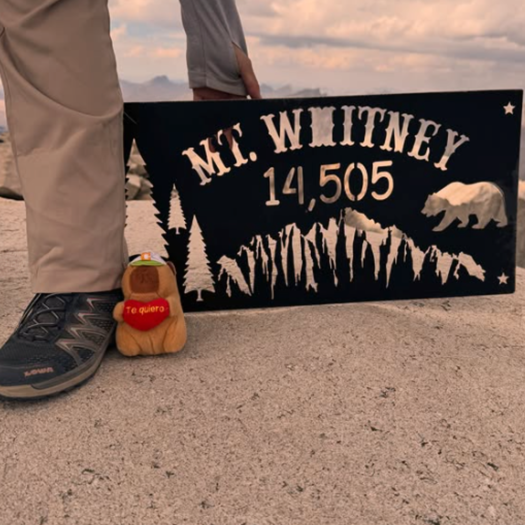 A sign that reads "Mt. Whitney 14,505" next to a pair of LOWA shoes and a small stuffed animal
