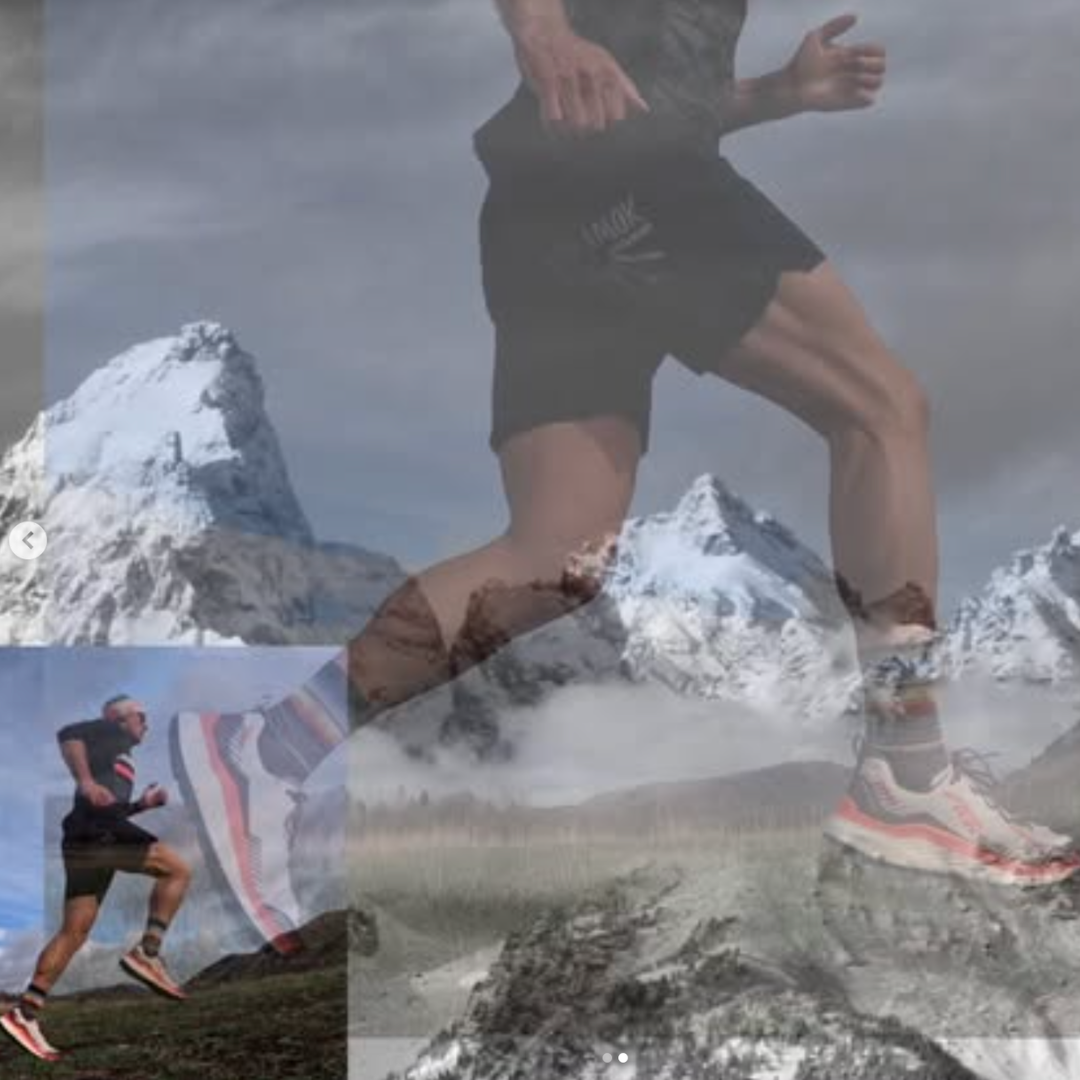 Person running on a mountain with inset showing running shoes