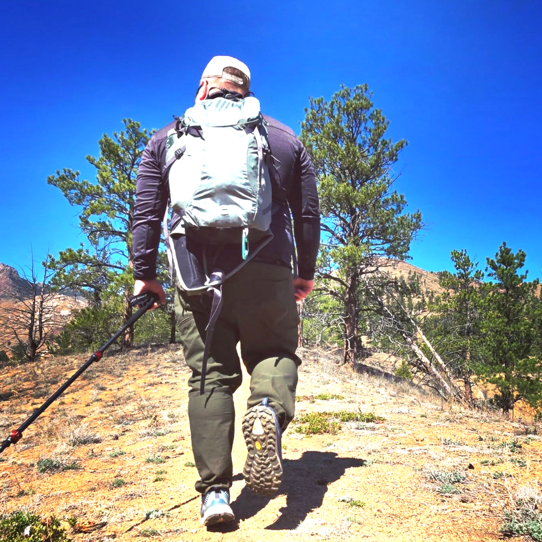 Person hiking on a trail with a backpack and walking stick, surrounded by trees and mountains.