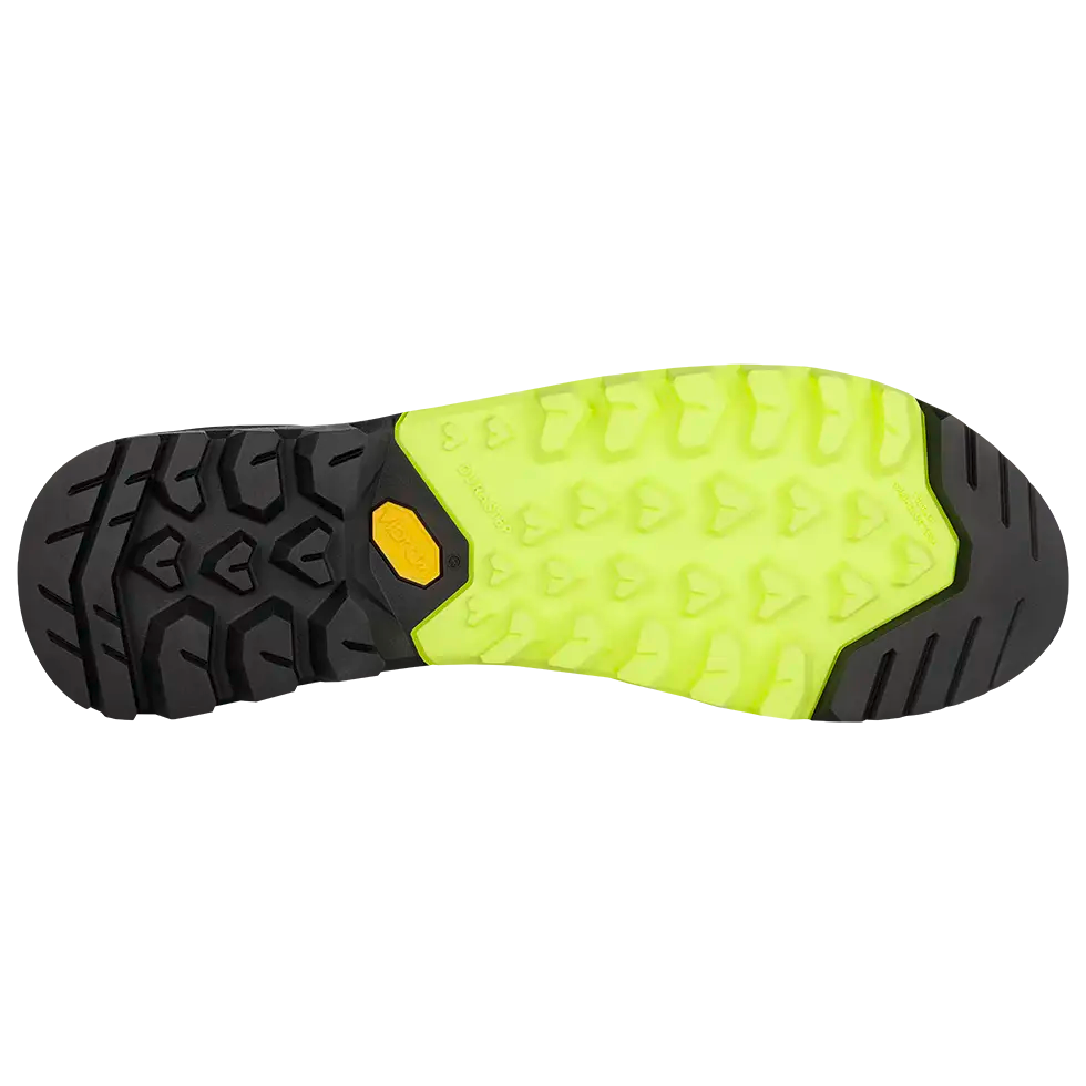 Close-up of a shoe sole with black and yellow tread pattern on a white background