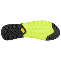 Close-up of a shoe sole with black and yellow tread pattern on a white background