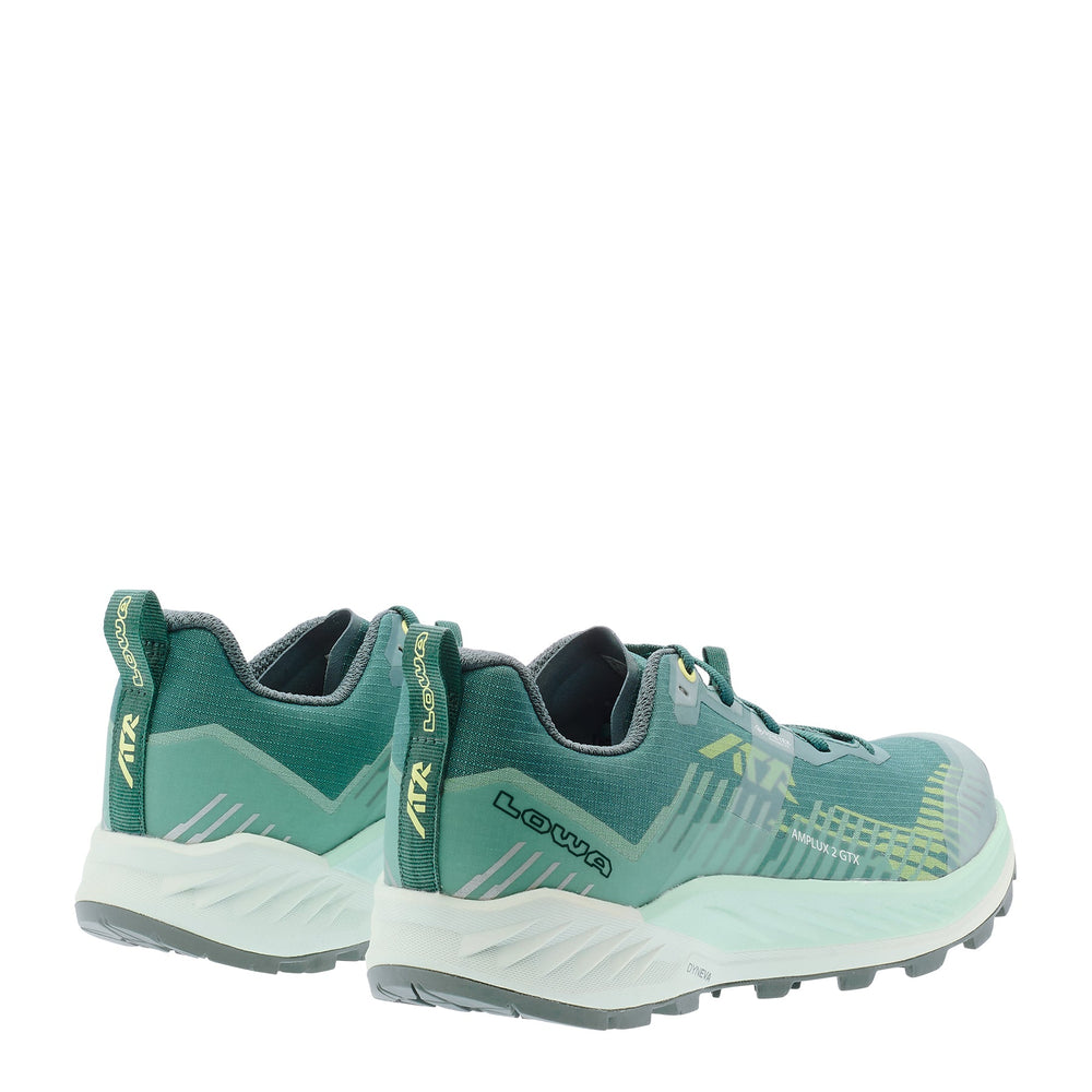 Women's LOWA AMPLUX 2 GTX WS trail running shoe in PETROL/MINT with GORE-TEX waterproof protection for trail running. SKU 3216857441