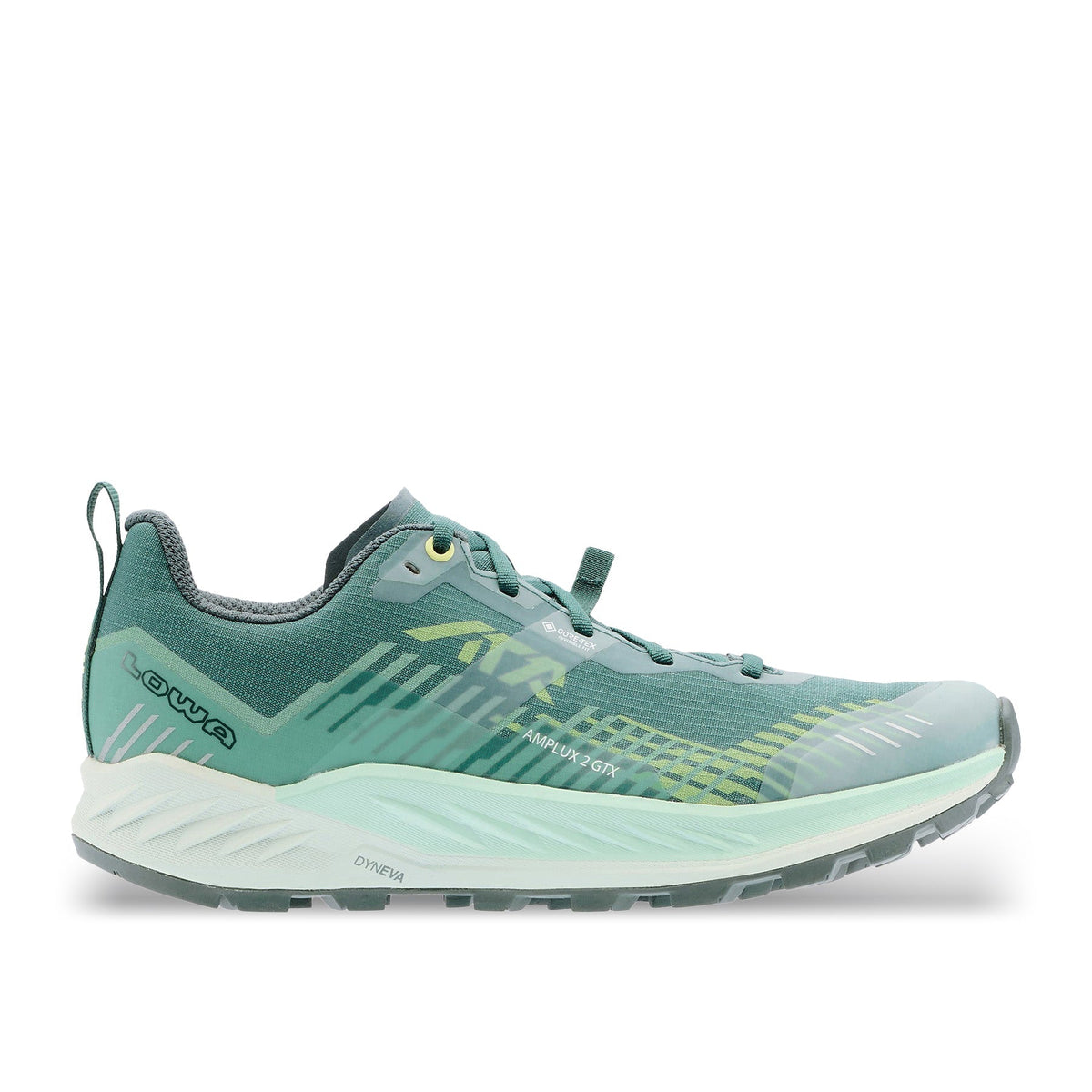 Women's LOWA AMPLUX 2 GTX WS trail running shoe in PETROL/MINT with GORE-TEX waterproof protection for trail running. SKU 3216857441
