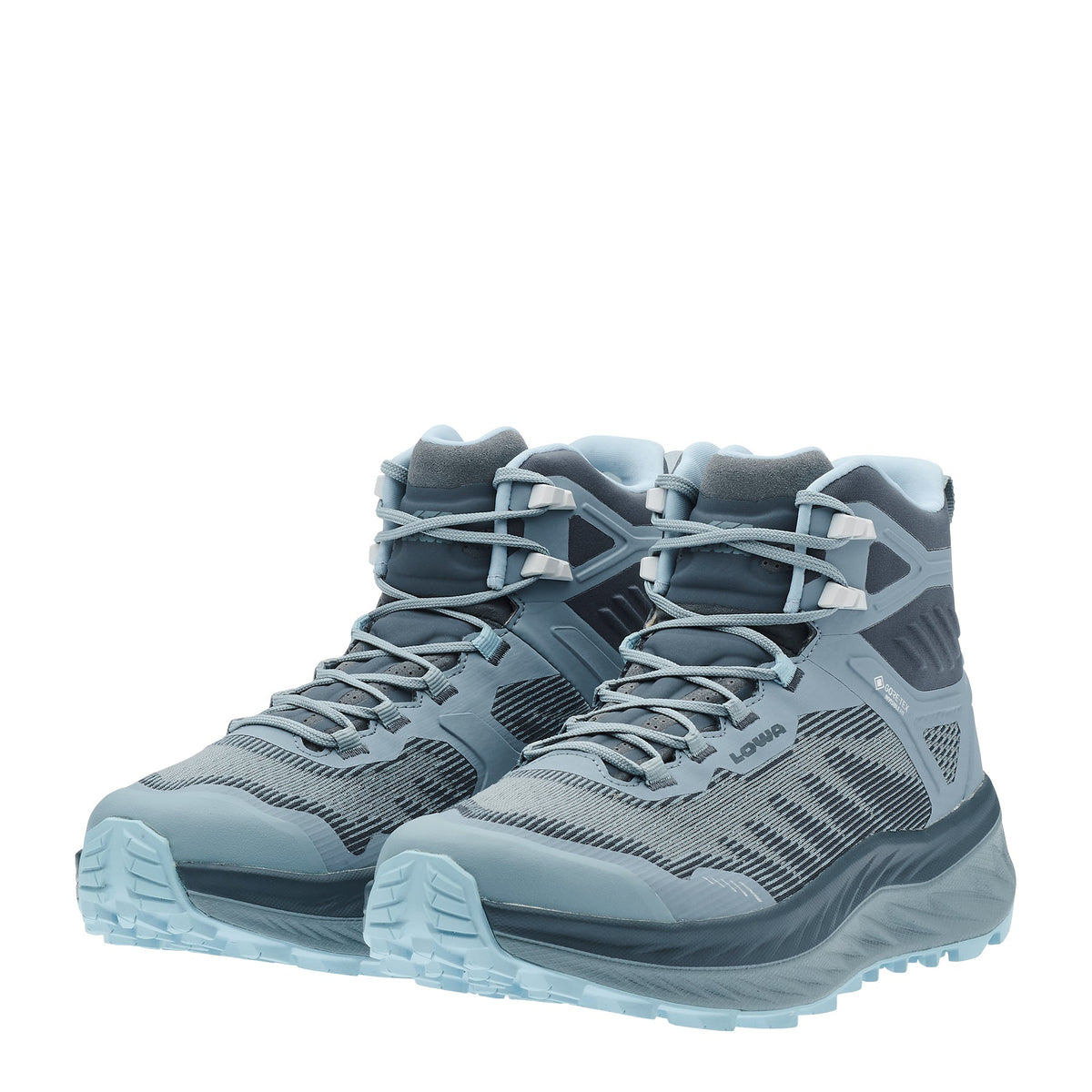 Women's LOWA FORTUX GTX QC WS trail running shoe in SMOKE BLUE/SLATE BLUE with GORE-TEX waterproof protection for trail running and hiking. SKU 3218226663