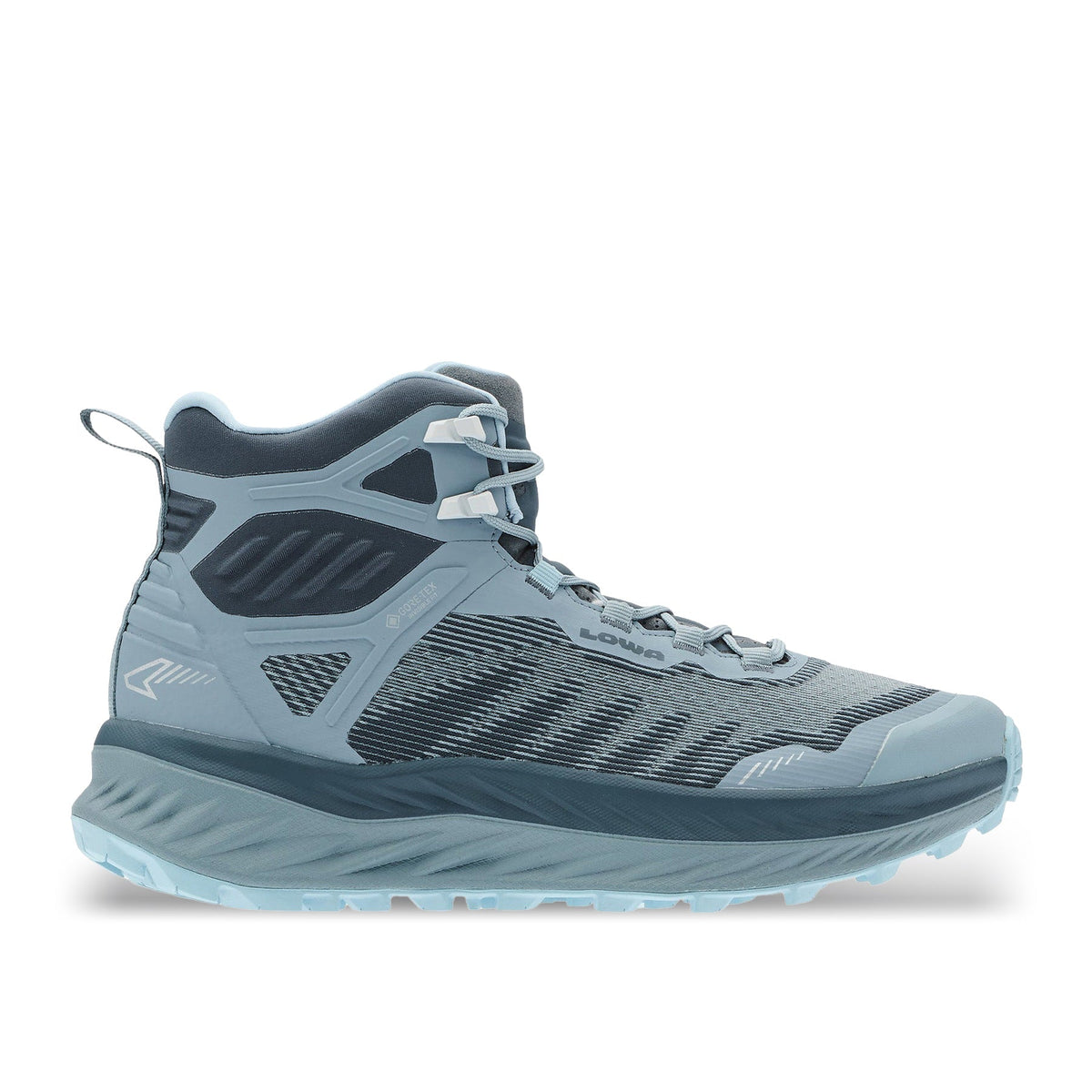 Women's LOWA FORTUX GTX QC WS trail running shoe in SMOKE BLUE/SLATE BLUE with GORE-TEX waterproof protection for trail running and hiking. SKU 3218226663