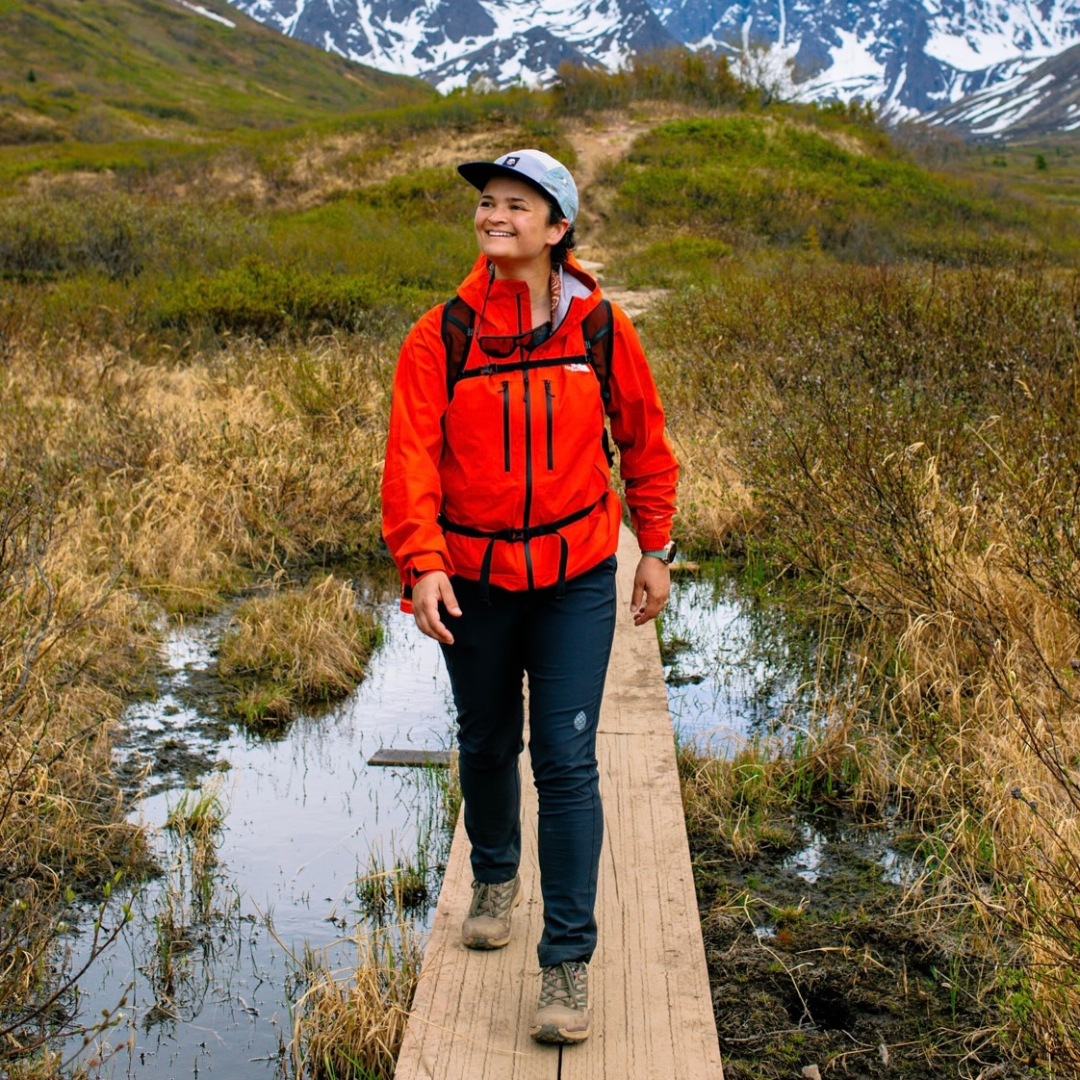 A person in a red jacket crosses a bridge over a marshy mountain landscape