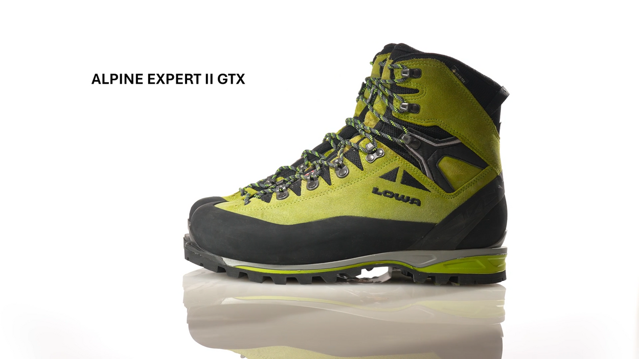 Video showing the LOWA Alpine Expert II GTX boot's Vibram outsole, crampon compatibility, and Gore-Tex waterproofing for mountaineering