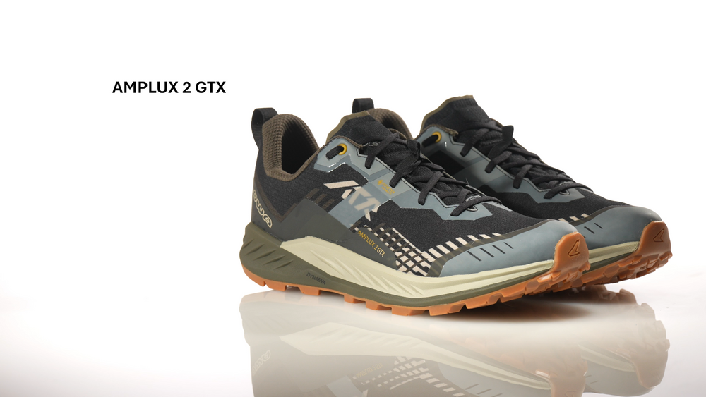Video of the LOWA Amplux 2 GTX trail running shoes, shown as a pair with a mesh and synthetic upper, GORE-TEX lining, and a chunky lugged outsole.