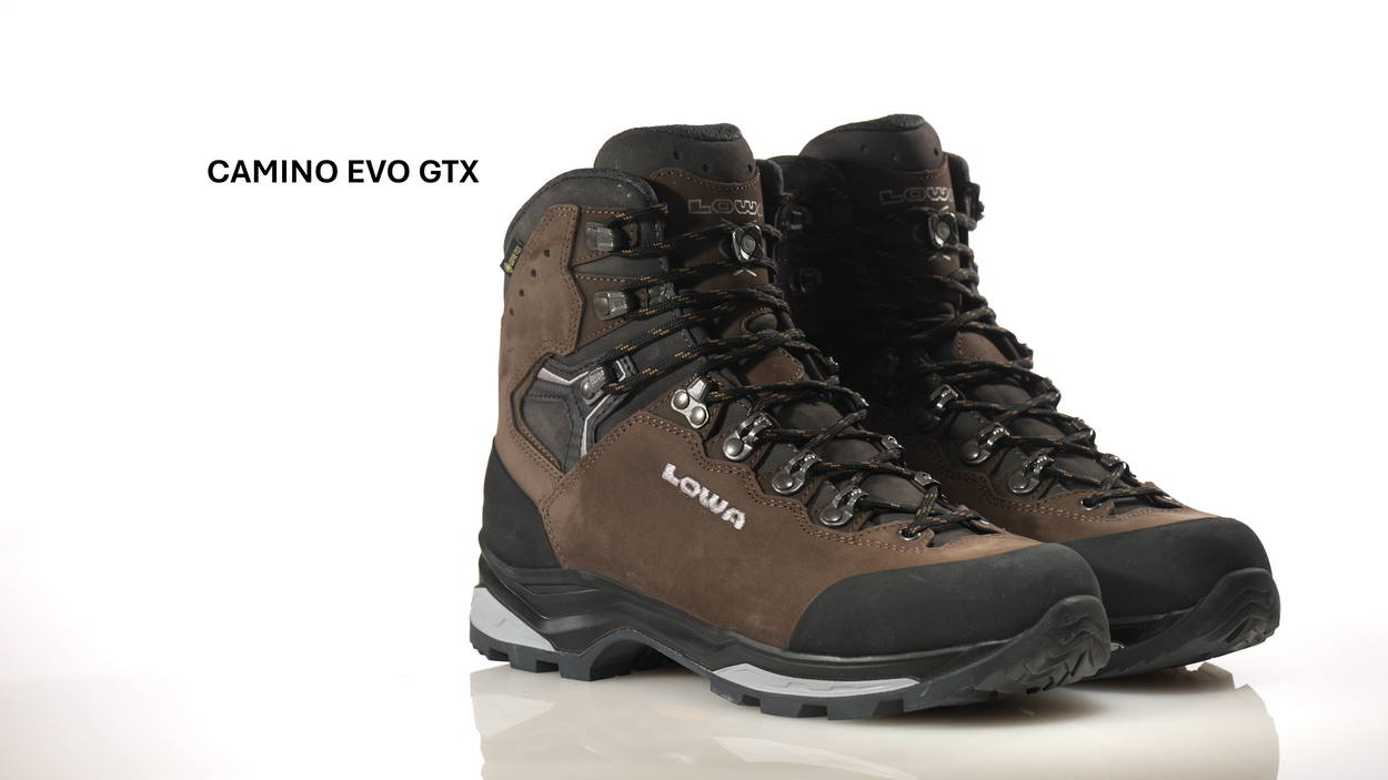 Video of the LOWA Camino EVO GTX hiking boots, shown as a pair in brown nubuck leather with a GORE-TEX lining, black rand, and lace-up hook closures.