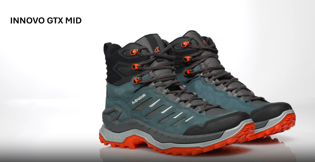 Video of the LOWA Innovo GTX Mid hiking boots, shown as a pair with a nubuck leather and mesh upper, GORE-TEX lining, and a lugged outsole.