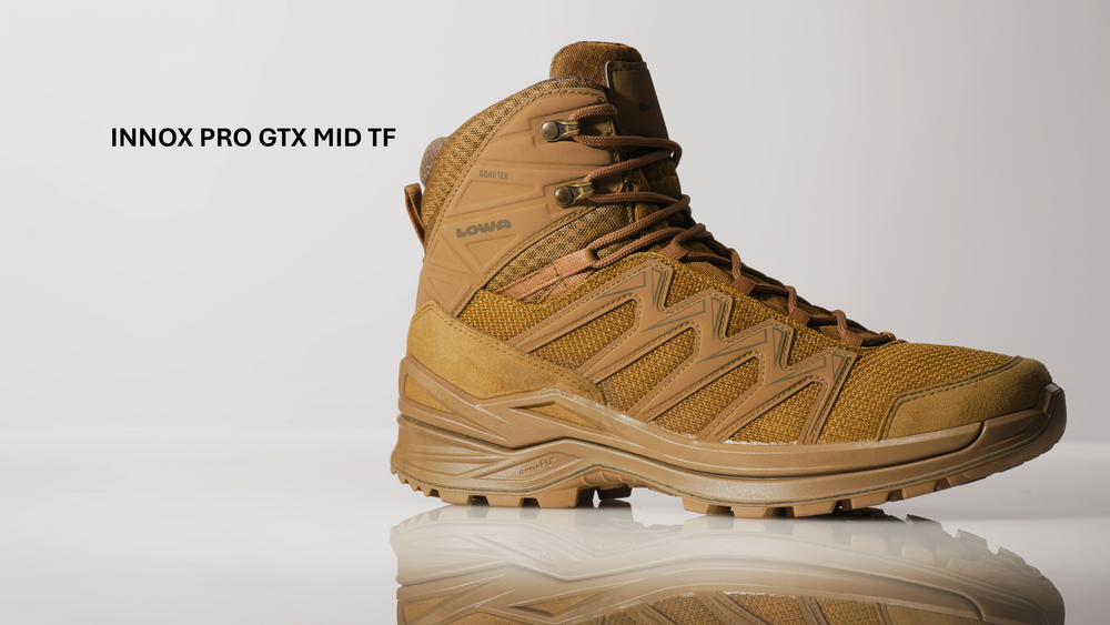 Video of the LOWA Innox Pro GTX Mid TF boot, shown in profile with a coyote-tan textile  color and suede upper, GORE-TEX lining, with a lugged outsole.