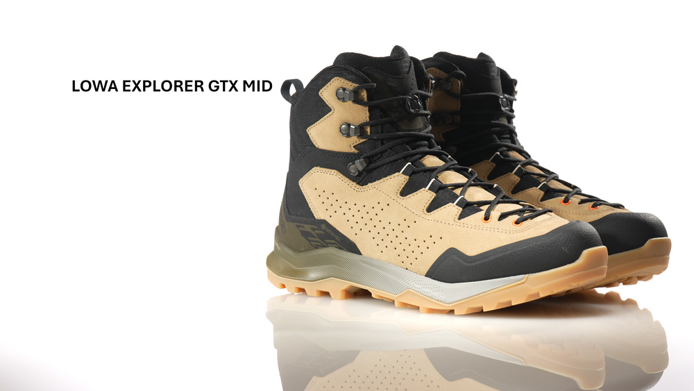 Video of the LOWA Explorer GTX Mid hiking boots, shown as a pair with a perforated suede toe panel, GORE-TEX lining, and a lugged midsole.
